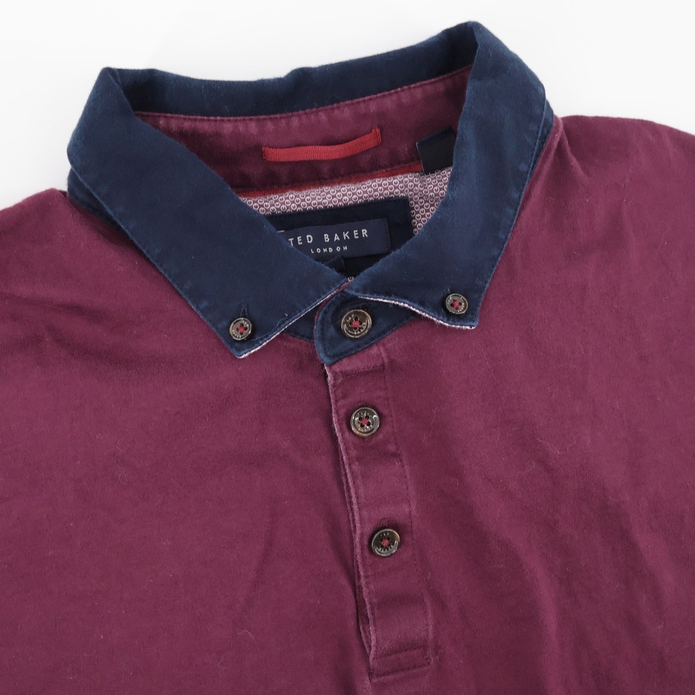Ted Baker Contrast Collar Polo Shirt Burgundy Short Sleeve Mens 6 Flaw